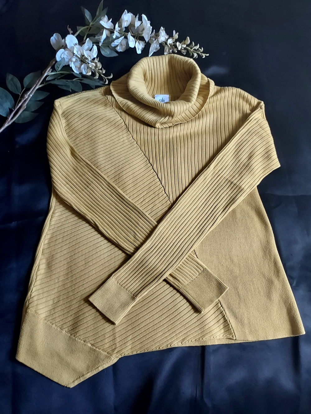 CAbi Mustard Yellow Ribbed Cowl-Neck Sweater NWOT